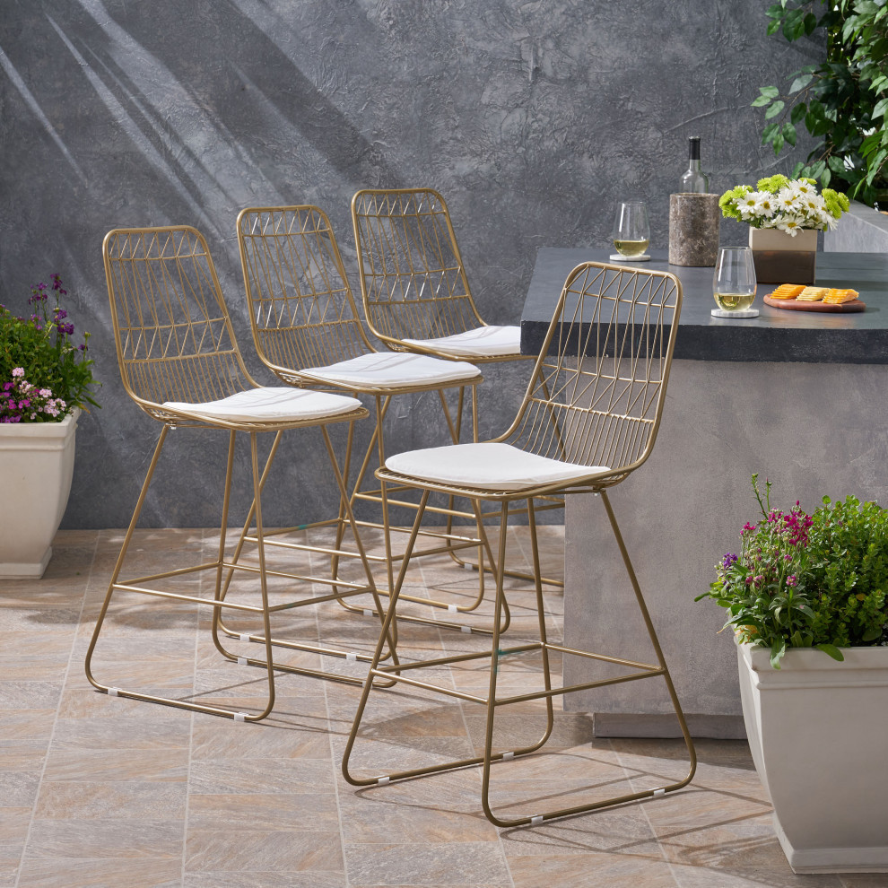 Ella Outdoor Wire Counter Stools with Cushions  Set of 4   Contemporary   Outdoor Bar Stools And Counter Stools   by GDFStudio  Houzz