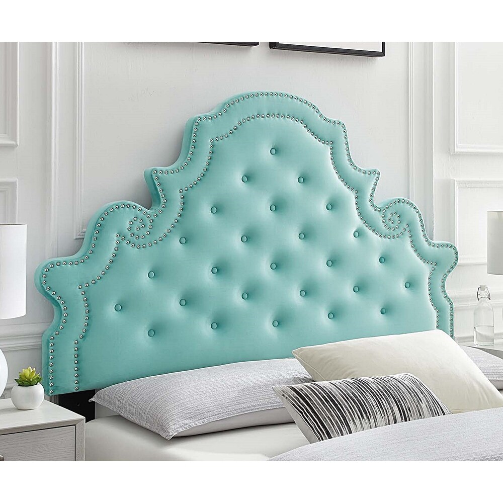 Ambridge Button Tufted Light Green Velvet Upholstered King/California King Size Headboard with Nailhead Trim