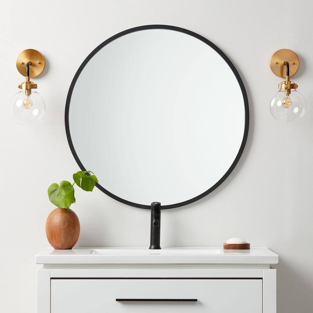 better bevel 24 in. W x 24 in. H Rubber Framed Round Bathroom Vanity Mirror in Black 19002