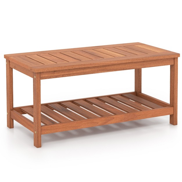 Tangkula Patio Hardwood Coffee Table 2 tier Wooden Coffee Table With Slatted Tabletop amp Storage Shelf Outdoor Rectangular Cocktail Table