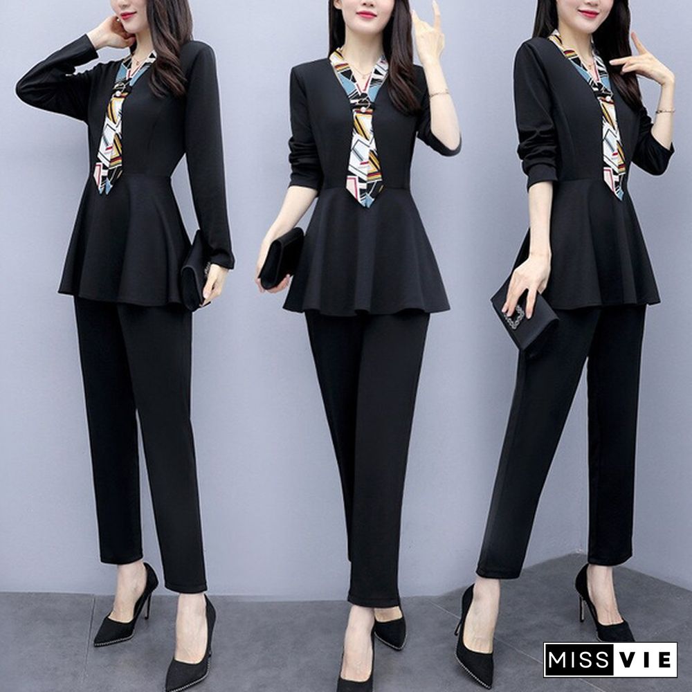 L-5Xl Black Autumn Two Piece Sets Outfits Women Plus Size Long Sleeve Tunics Tops And Pants Suits Elegant Office Ol Style Sets