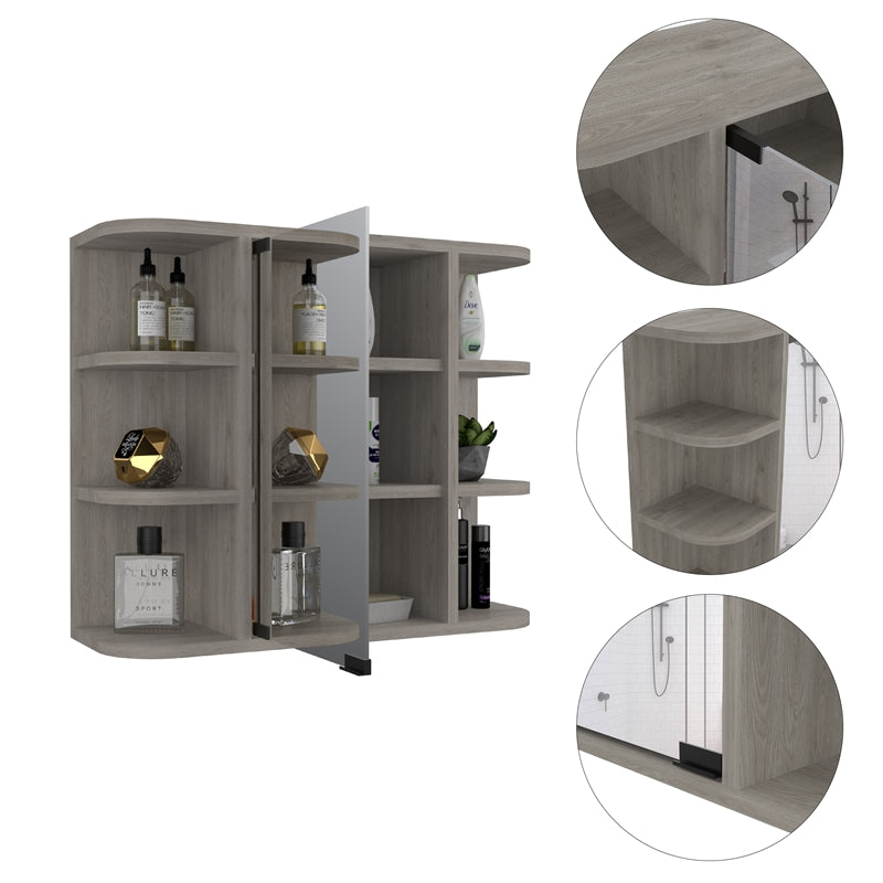 TUHOME Milan Medicine Cabinet, Six External Shelves Mirror, Three Internal Shelves, Light Grey, For Bathroom