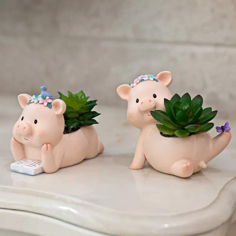 garden supplies wholesale small ceramic animal succulent pot Cartoon Little Pork Resin Flower Pot Bonsai Planter Pot for home