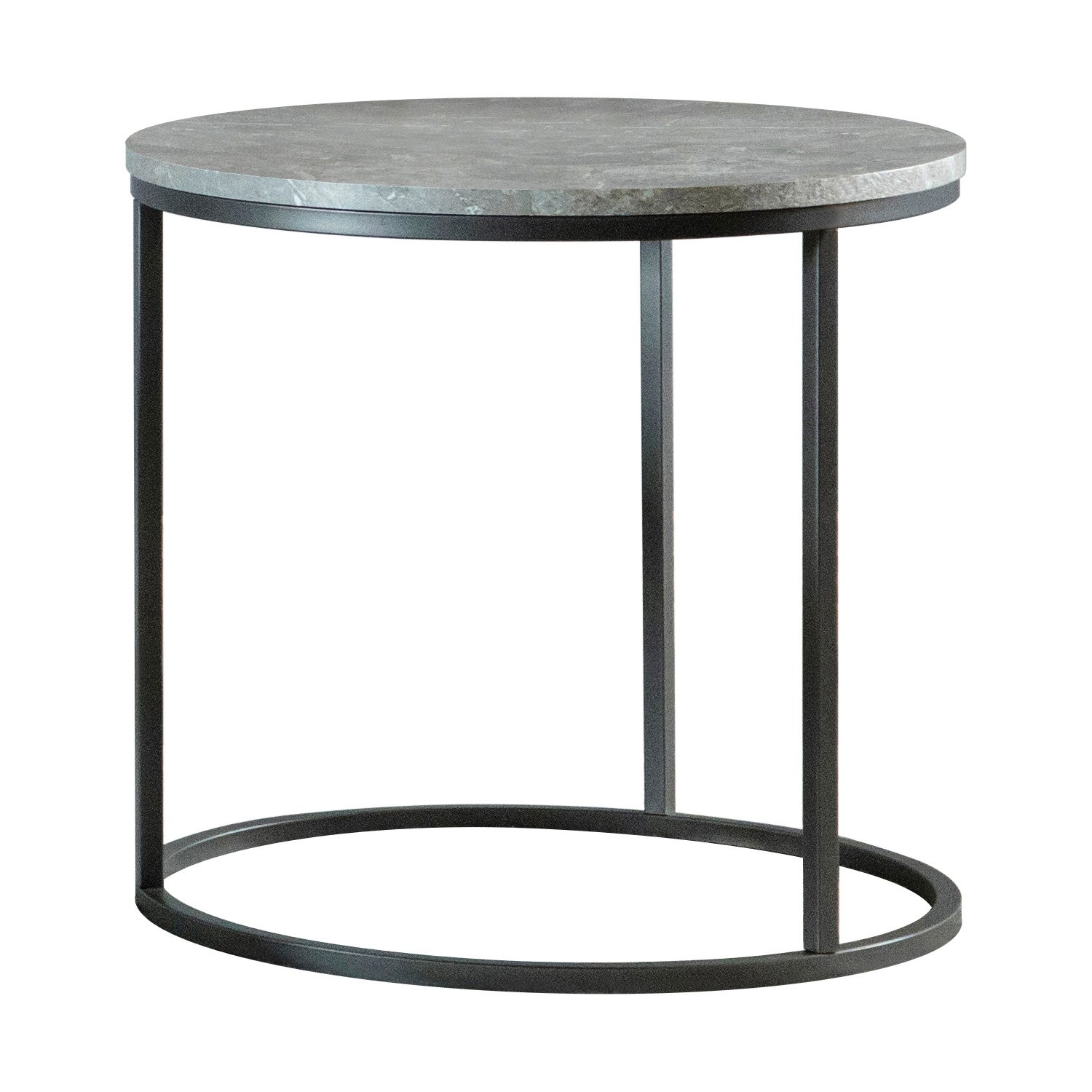 Round Faux Marble End Table with Metal Base in Grey and Gunmetal