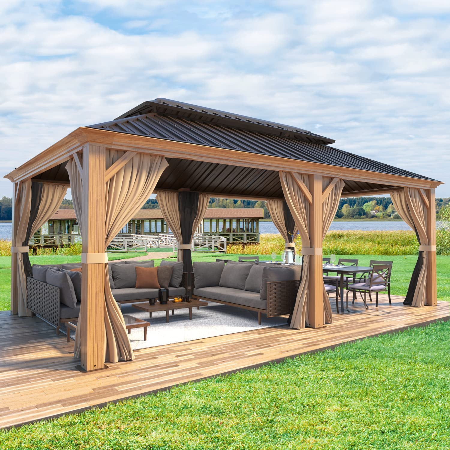 Mellcom 12' X 20' Hardtop Gazebo Aluminum Frame Gazebo 20 ft with Galvanized Steel Double Roof Brown