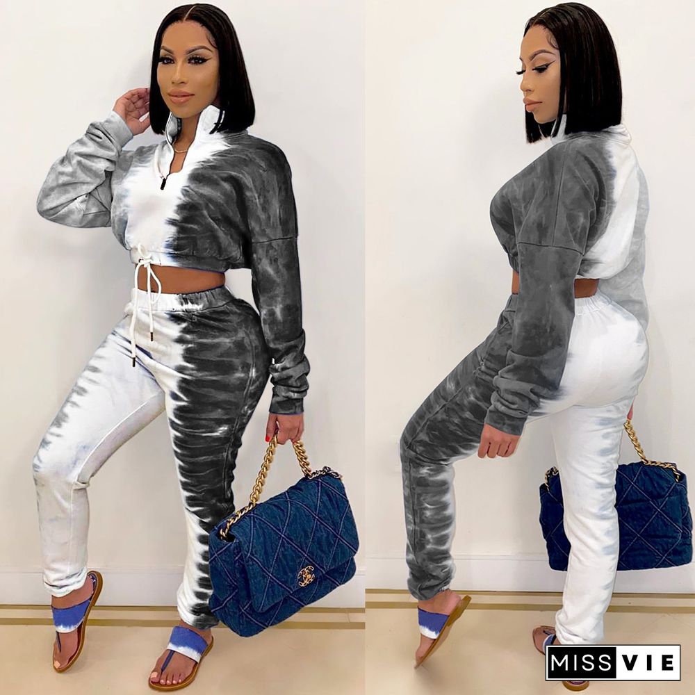 Printed Zipper Drawstring Long Sleeve Crop Top Leash Pants Set