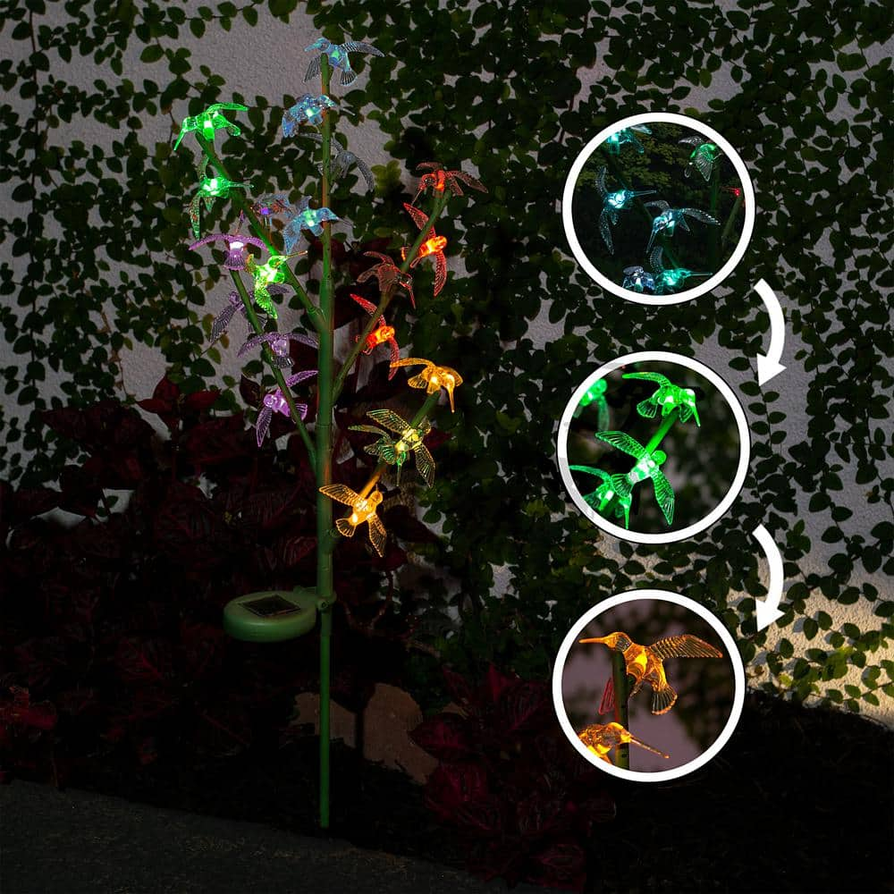 Alpine Corporation 37 in. Tall Outdoor Solar Color Changing Hummingbird Green LED Landscape Flood Light Stake QLP1049SLR-CC