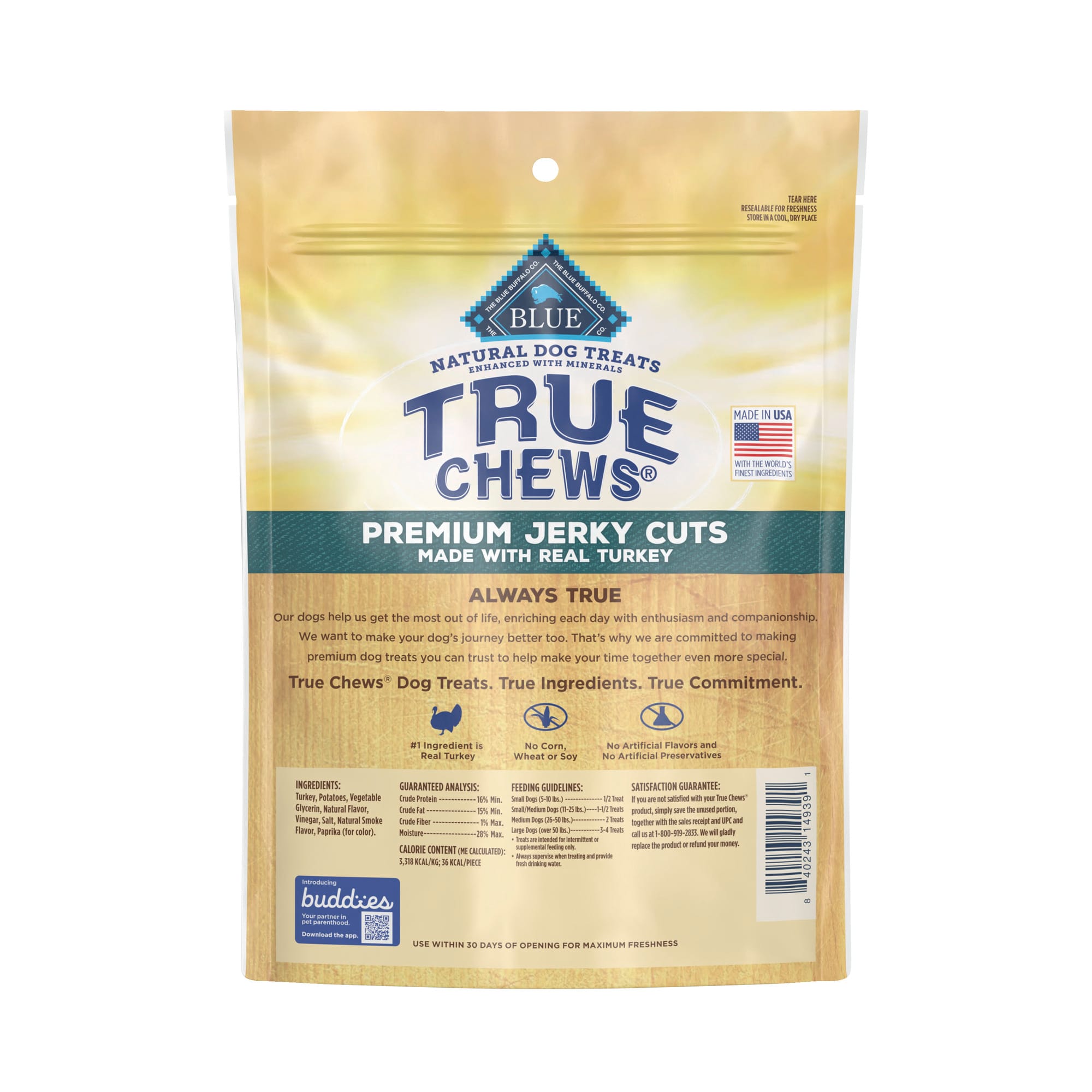 Blue Buffalo True Chews Natural Premium Turkey Jerky Cuts Dog Treats， 12 oz.