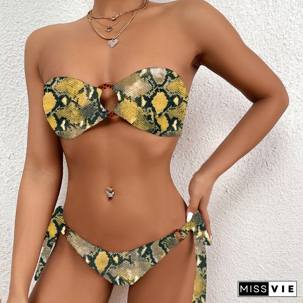 Women Pattern Print Lace-up Swimsuits Fashion Two Piece Hollow Out Backless Beachwear Sexy Strapless Tube Top Push Up Bikini Set