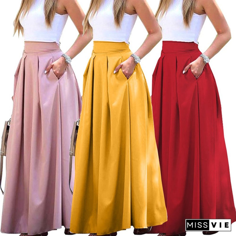 Summer Women Loose Pleated Long Skirt Dress High Waist Swing Bohemian Party Beach Maxi Skirt Plus