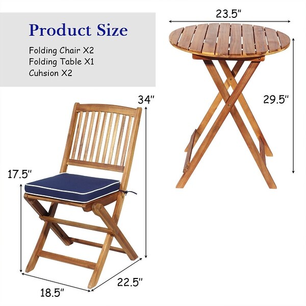 Costway 3PCS Patio Folding Wooden Bistro Set Cushioned Chair