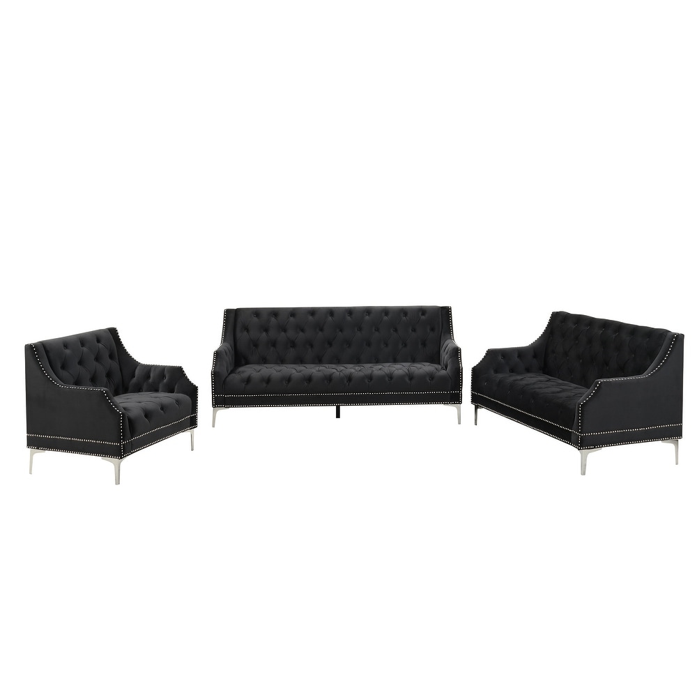 3 Piece Buttoned Tufted Backrest Sofa Set with Metal Legs and Frosted Velvet Upholstered for Living room