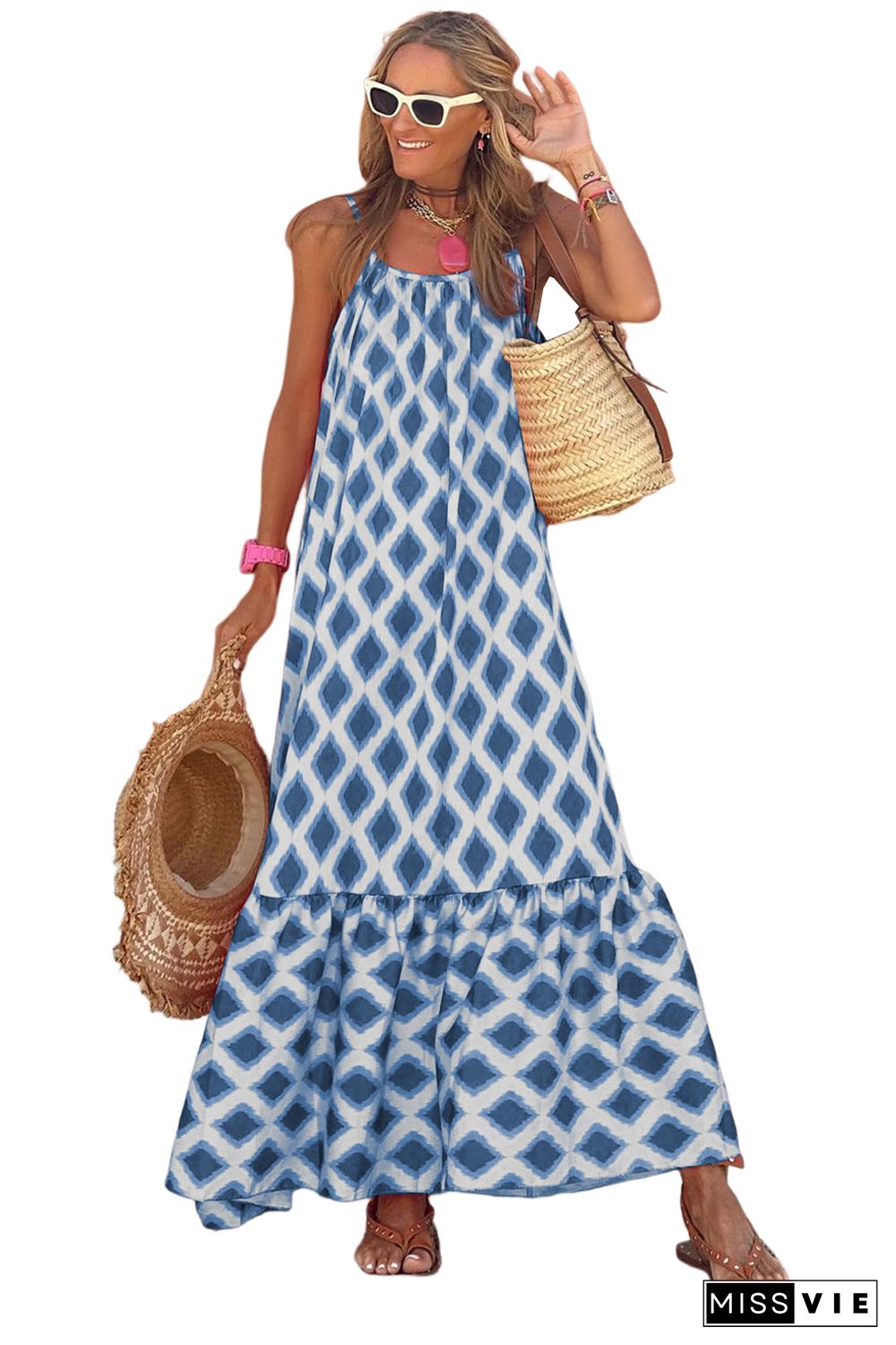 Blue Geometric Print Loose Fit Sleeveless Maxi Dress