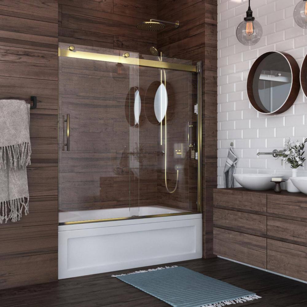 Holcam Luna Lite 60 in. W x 60.5 in. H Bypassing Frameless Bathtub Sliding Door in Brushed Gold Finish with Clear Glass L2BTE.BGD.CLR.6060.EC2