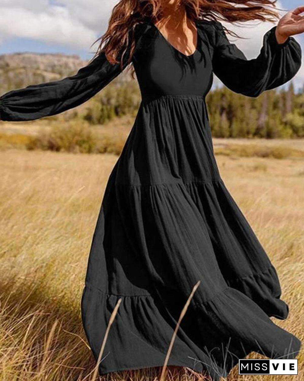 Women Retro Solid Color Back Zipper Puff Sleeve Loose Casual Maxi Dress