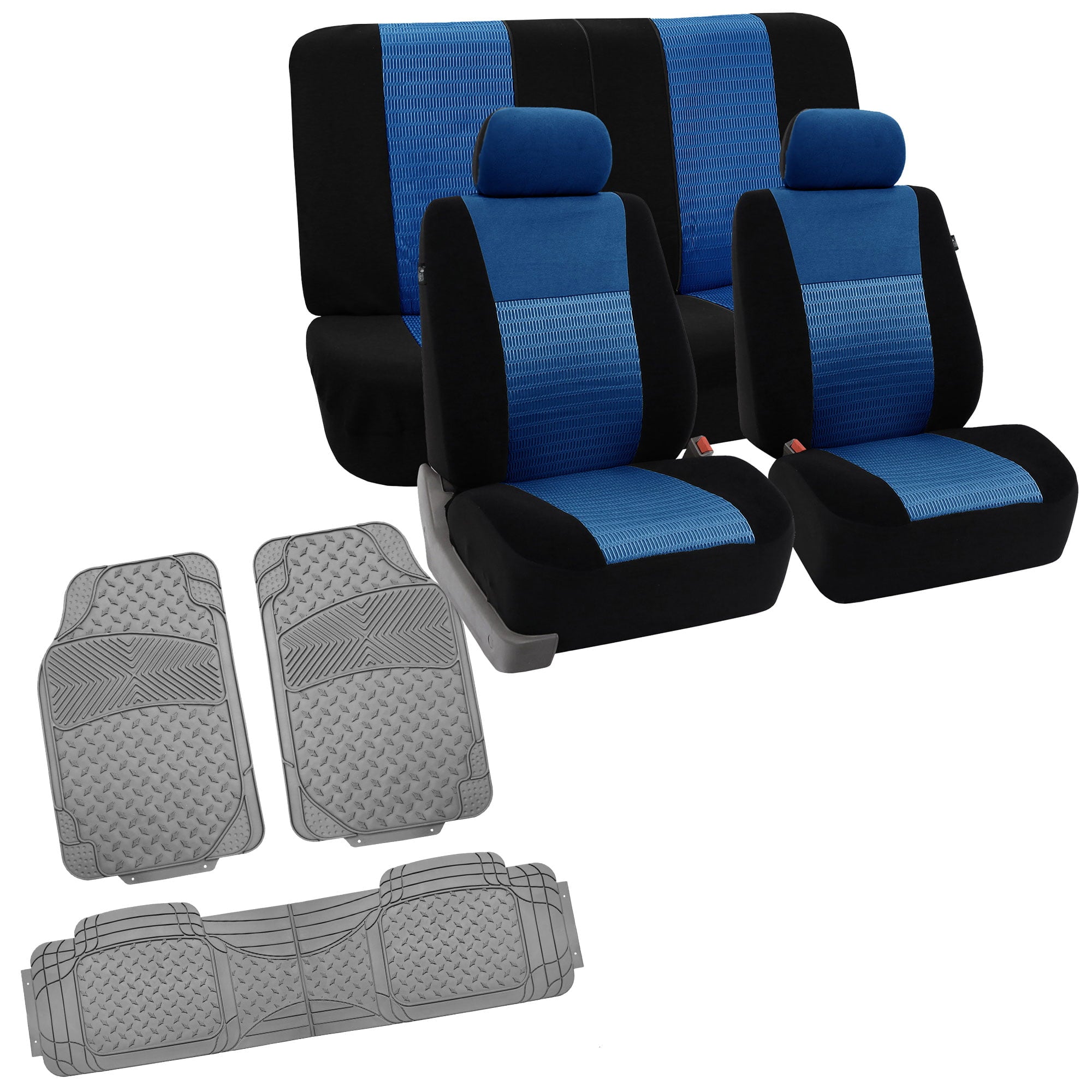 FH Group Full Interior Set Blue Seat Covers for Auto w/ Gray Heavy Duty Floor Mats