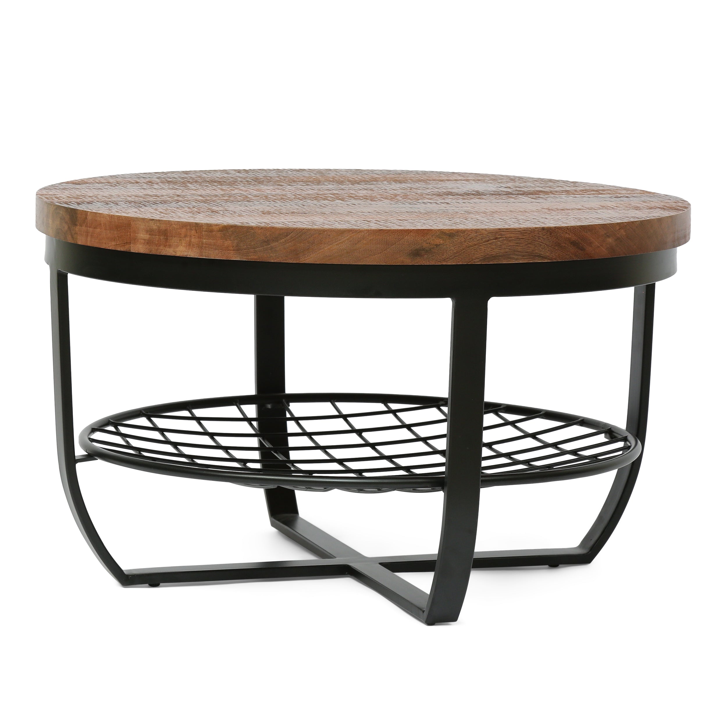 Mirics Modern Industrial Handcrafted Mango Wood Coffee Table with Shelf, Honey Brown and Black