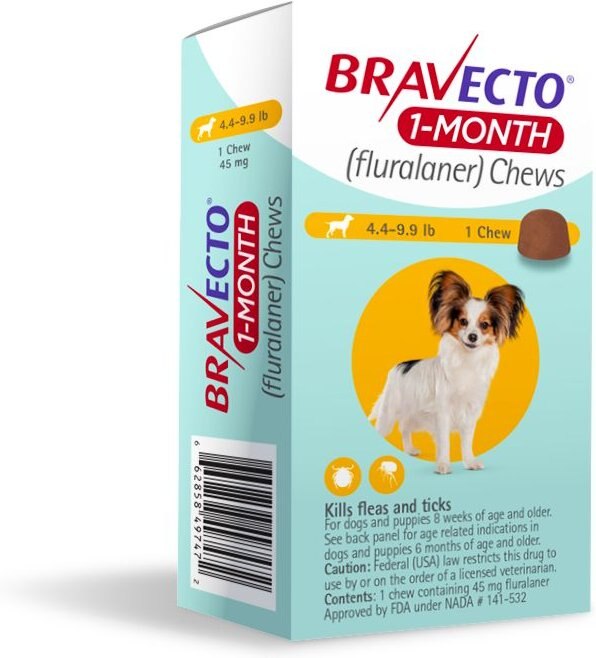 Bravecto 1-Month Chews for Dogs， 4.4-9.9 lbs， (Yellow Box)