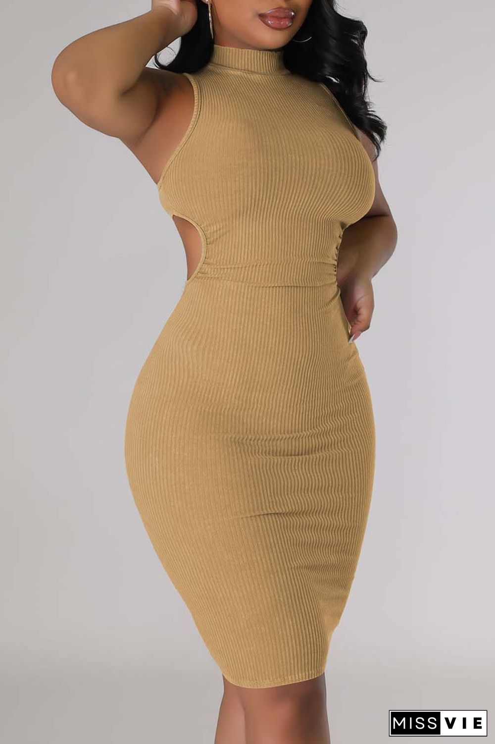 Pink Casual Solid Hollowed Out Turtleneck Sleeveless Dress Dresses