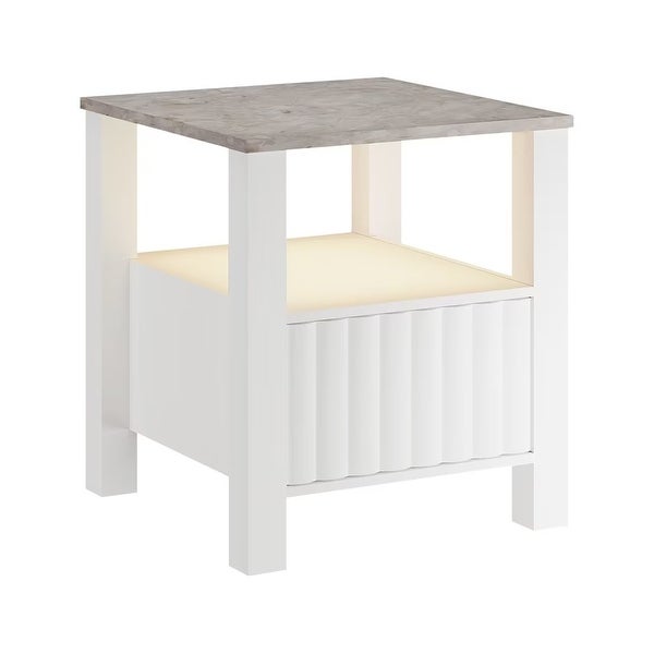 Side End Table with LED Light， White Nightstand with Cabinet(Set of 2)