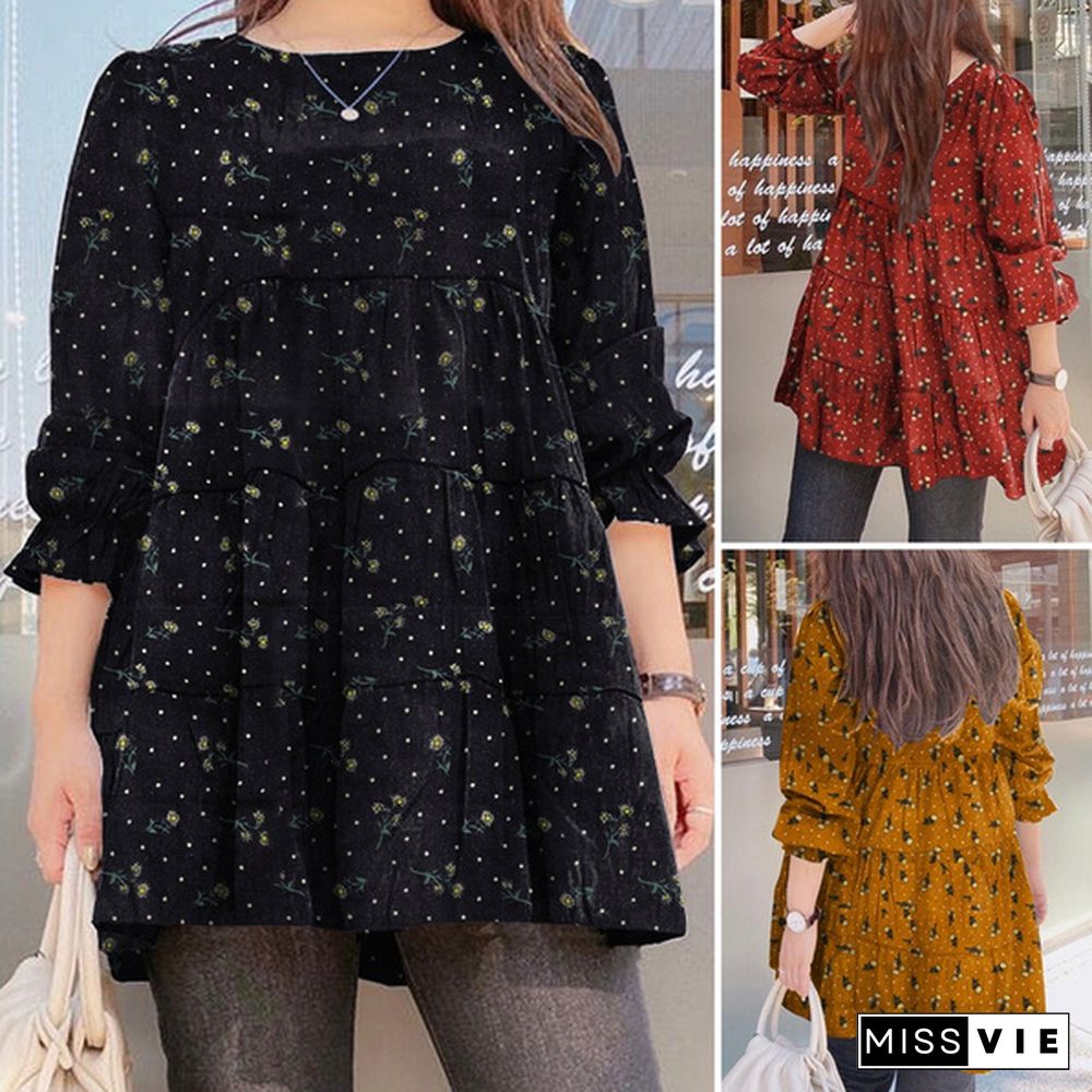 Plus Size Women Spring Casual Daily Long Puff Sleeve O-Neck Cotton Floral Printing Loose Shirt Blouse