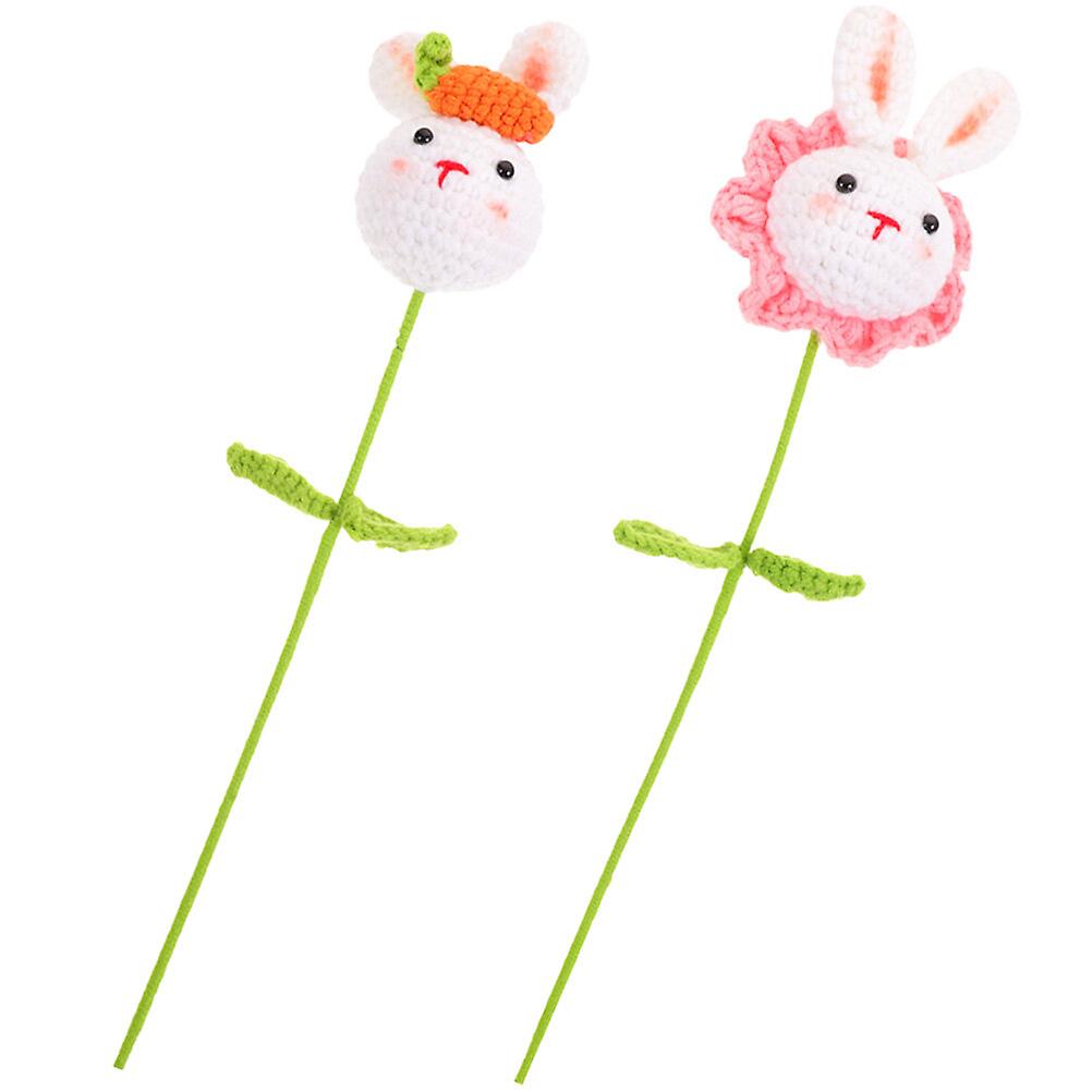 2pcs Knitted Artificial Bunny Doll Fake Crochet Hand Woven Flower With Stem