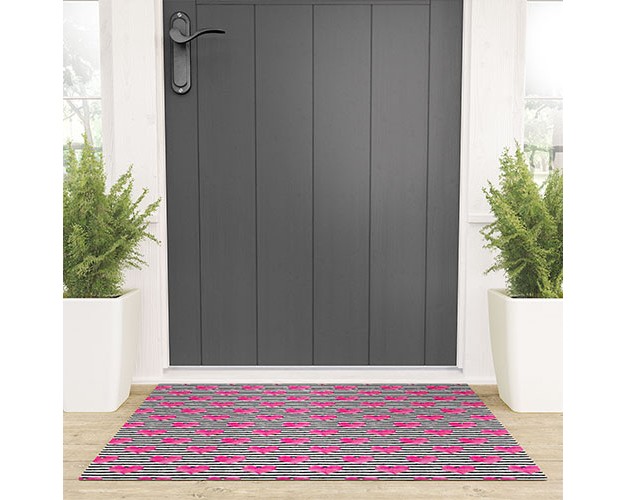 Little Arrow Design Co Watercolor Hearts On Stripes Looped Vinyl Welcome Mat Society6