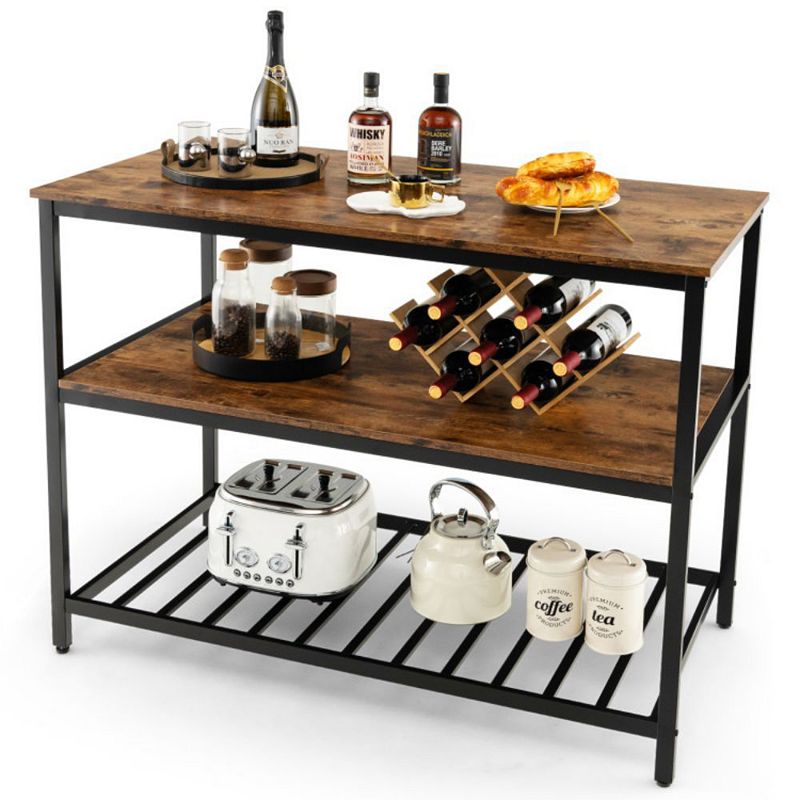 Hivago 3 Shelves Kitchen Island Industrial Prep Table with Bottom Wine Rack-Rustic Brown