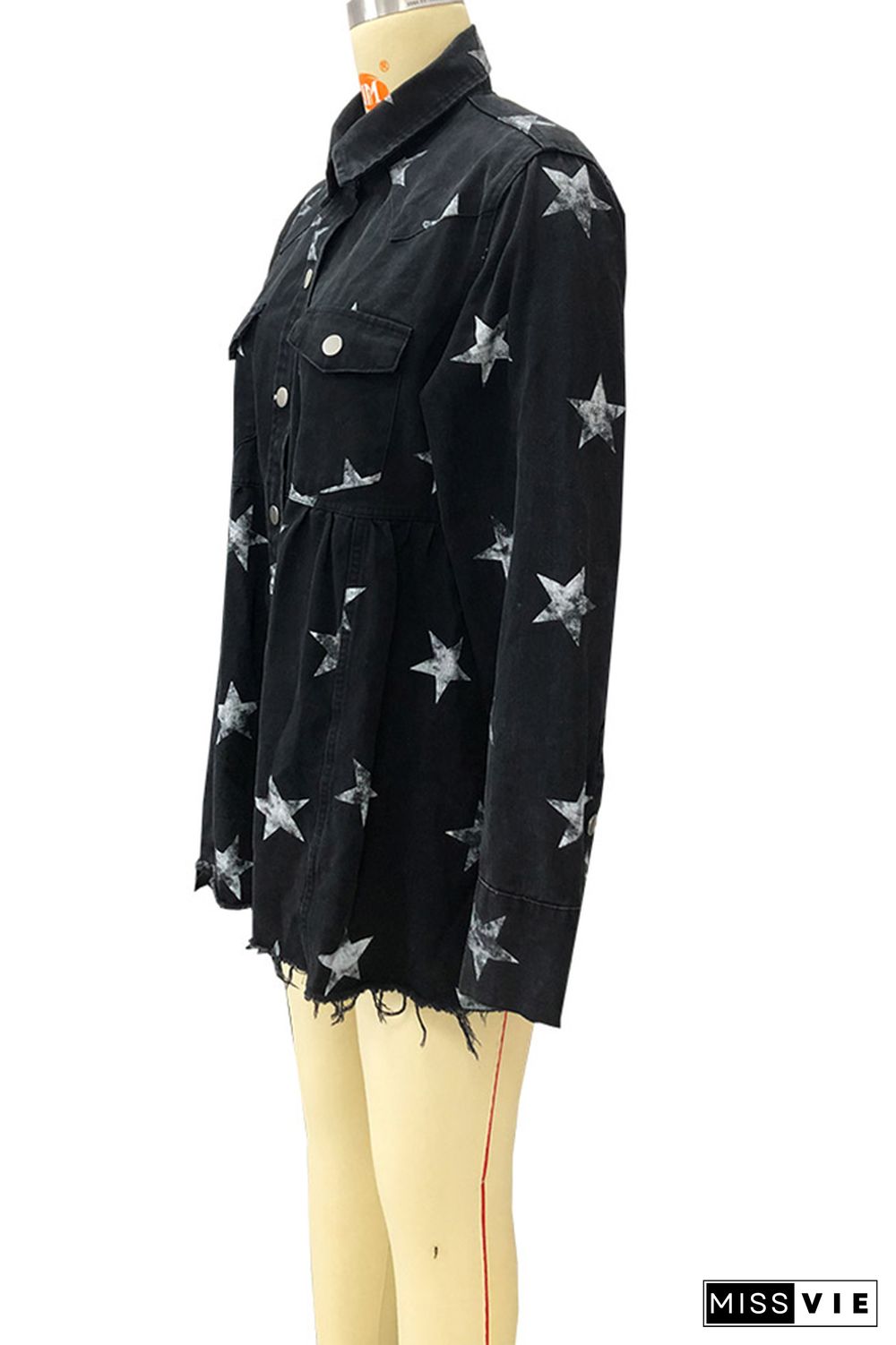 Stars Print Raw Hem Ripped Denim Jacket with Pockets Shacket Wholesale