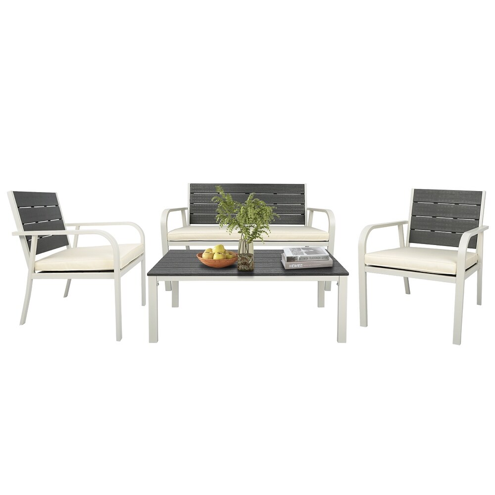 4 PCS Outdoor Patio Chairs Set with Coffee Table  Outdoor Furniture Set with High Density PE and Heavy duty Steel Frame