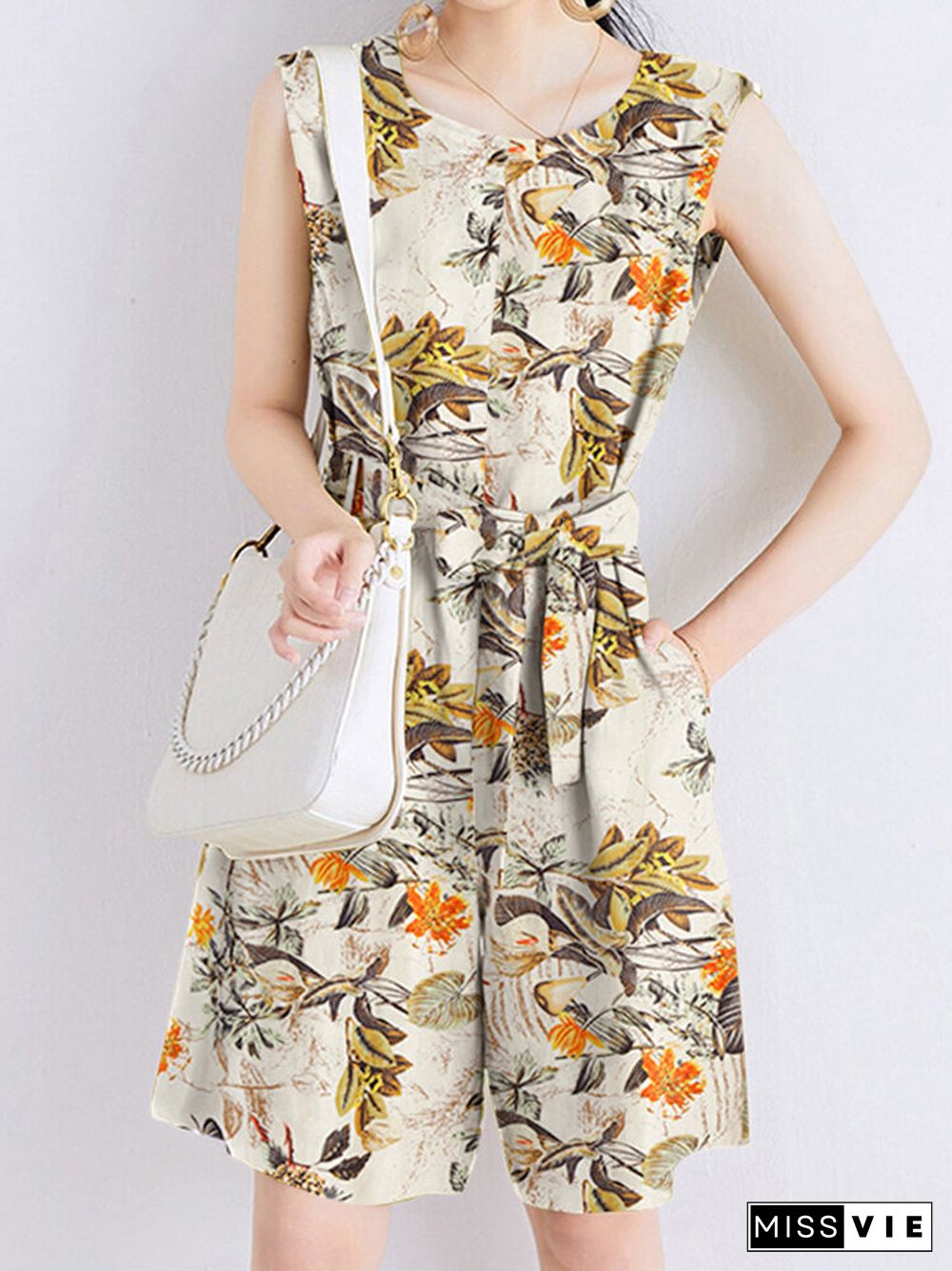 Random Flower Print Pocket Sleeveless Belt Wide Leg Romper