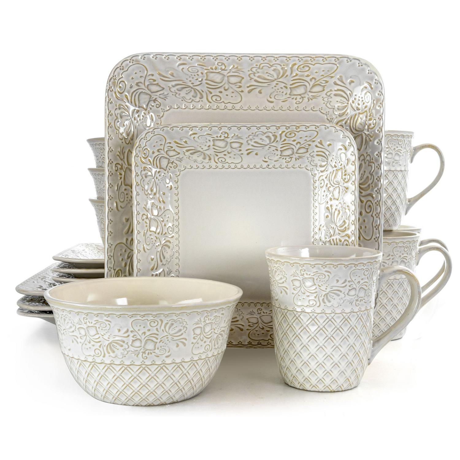 Elama Ivory Lotus 16 Pieces Square Dinnerware Set  Crowdfused