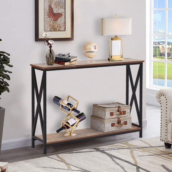 Kinbor Industrial Console Table， X-Design Hallway Table w/ Open Shelf， Rustic Sofa End Table w/ Storage for Entryway Living Room