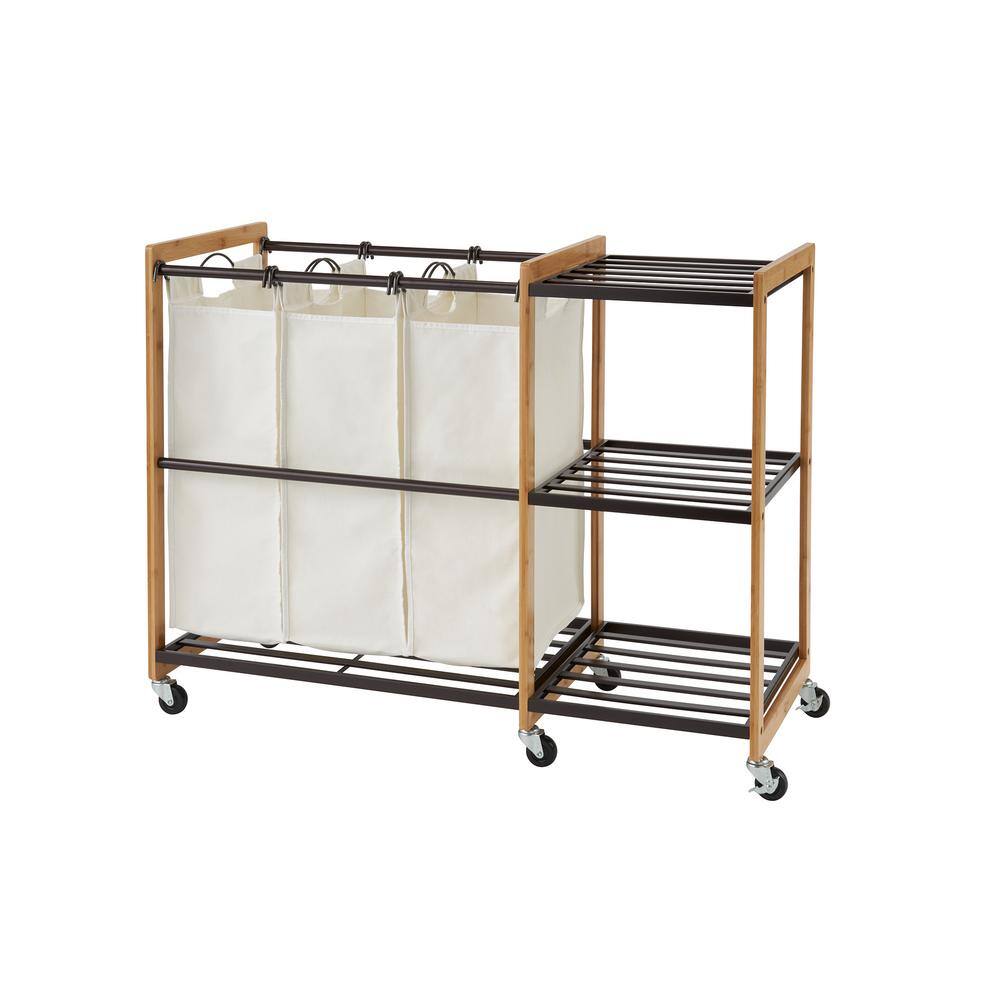 TRINITY EcoStorage Wheeled 3-Bag Bamboo Laundry Station in Bronze TBFPBR-2101C