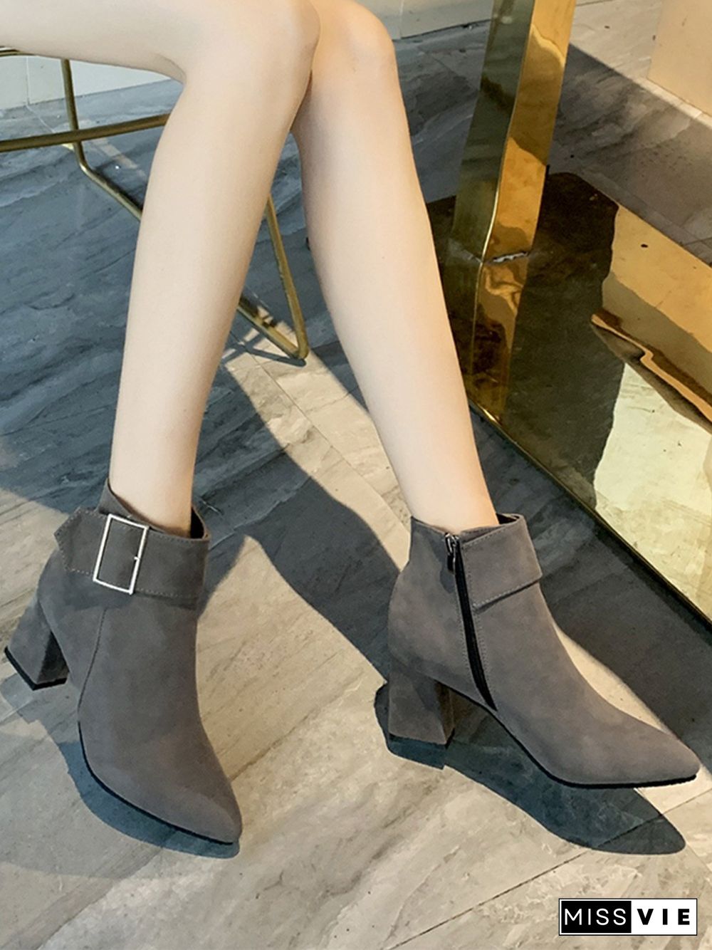 Chunky Heel Buckle Pointed-Toe Suede Martin Boots