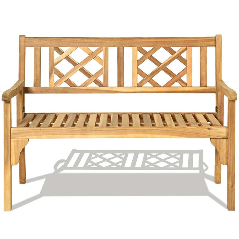 2-Person Foldable Wooden Bench Outdoor Patio Garden Park Bench Loveseat Chair with Curved Backrest & Armrest