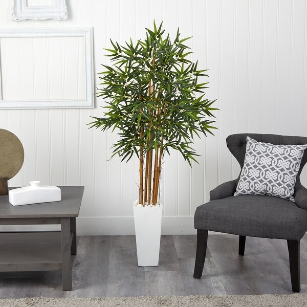 Nearly Natural Green 5foot Bamboo Tree in White Tower Planter