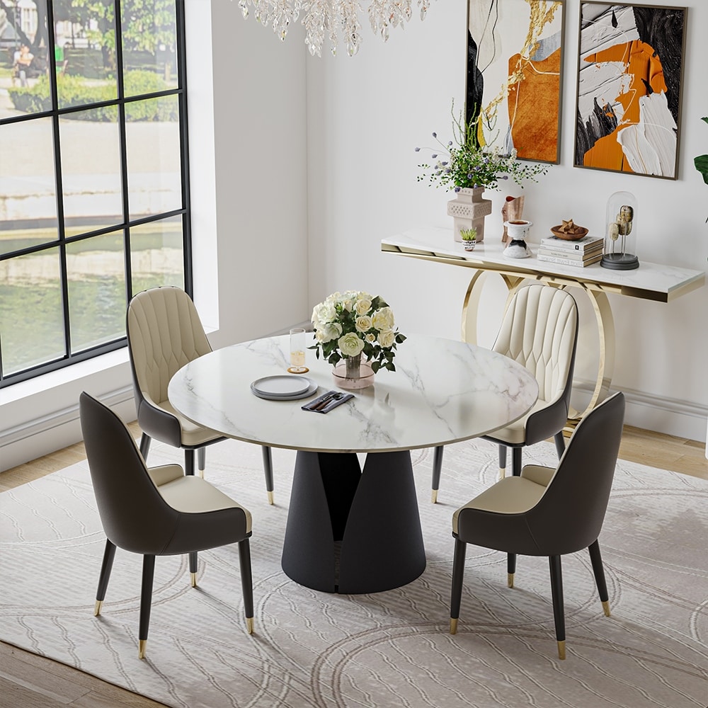 Modern Round White Dining Table for 4 6  faux marble table top