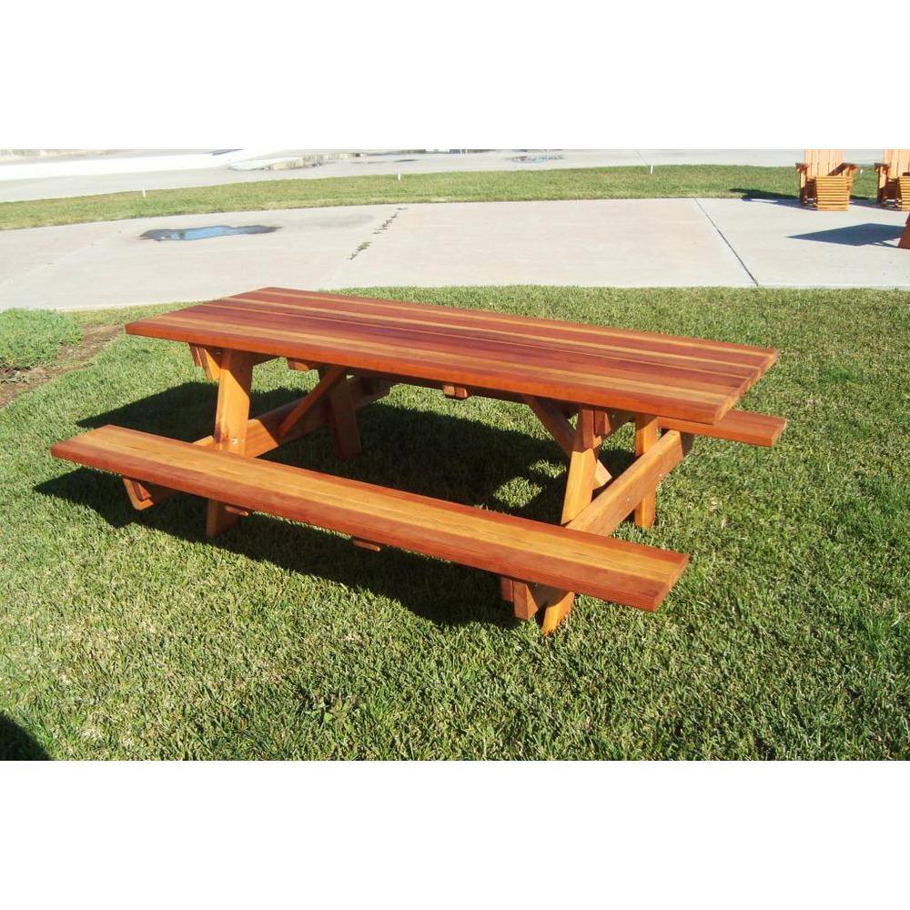 Outdoor 1905 Super Deck Finished 8 ft. Redwood Picnic Table with Attached Benches PTACHBB-8SC1905