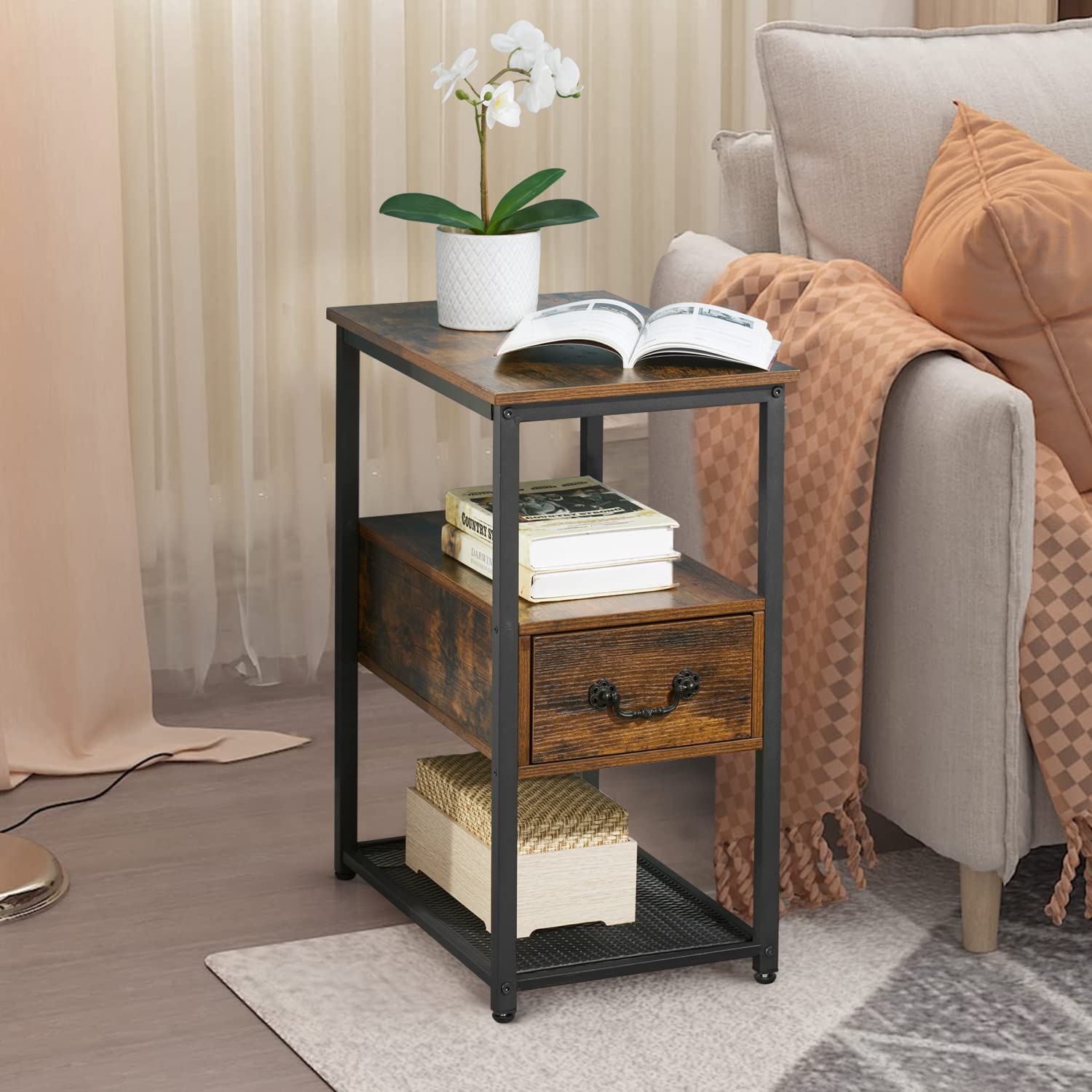 VECELO Set of 2 Nightstands with Drawer, Bedside End Table for Living Room/Bedroom/Office, Brown