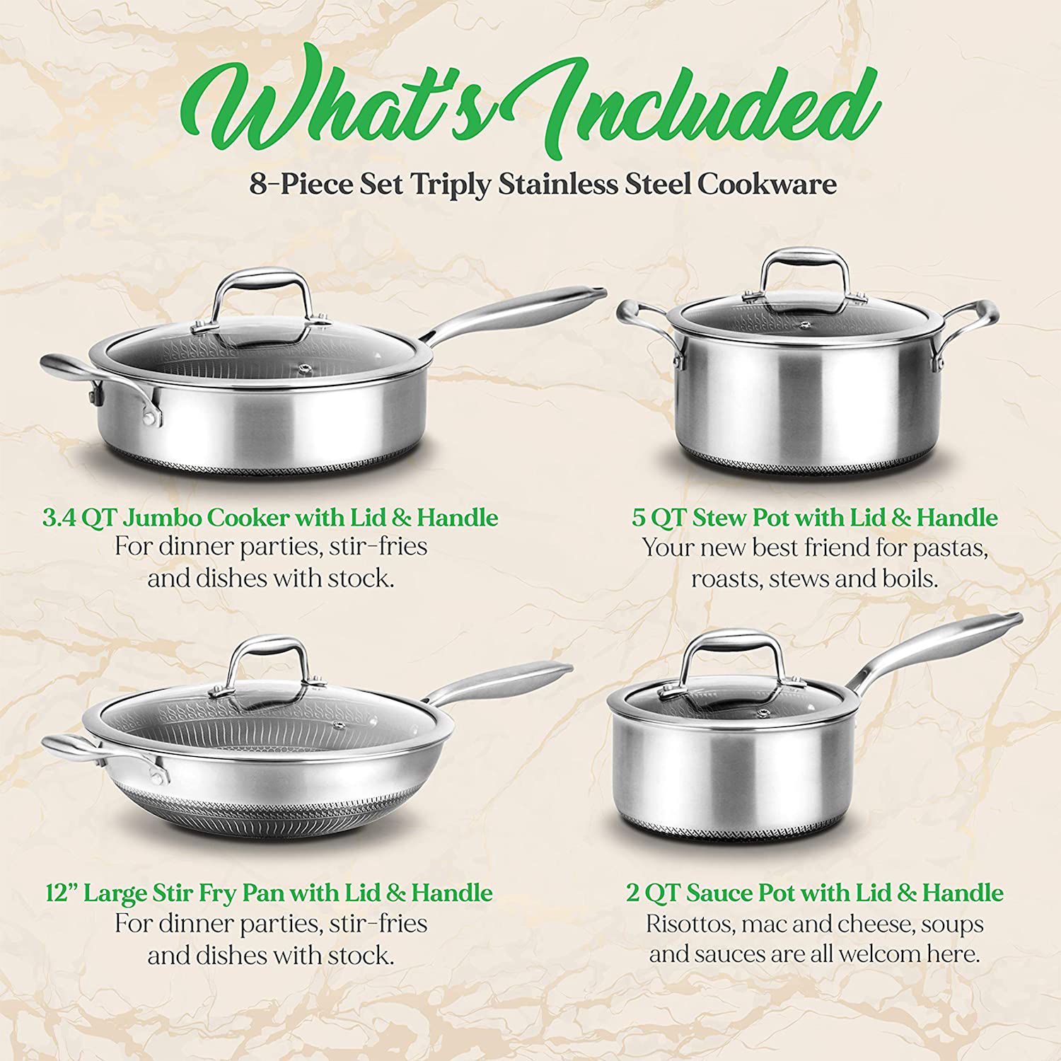 NutriChef 8 Piece Nonstick Stainless Steel Kitchen Cookware Pan Set with Lids