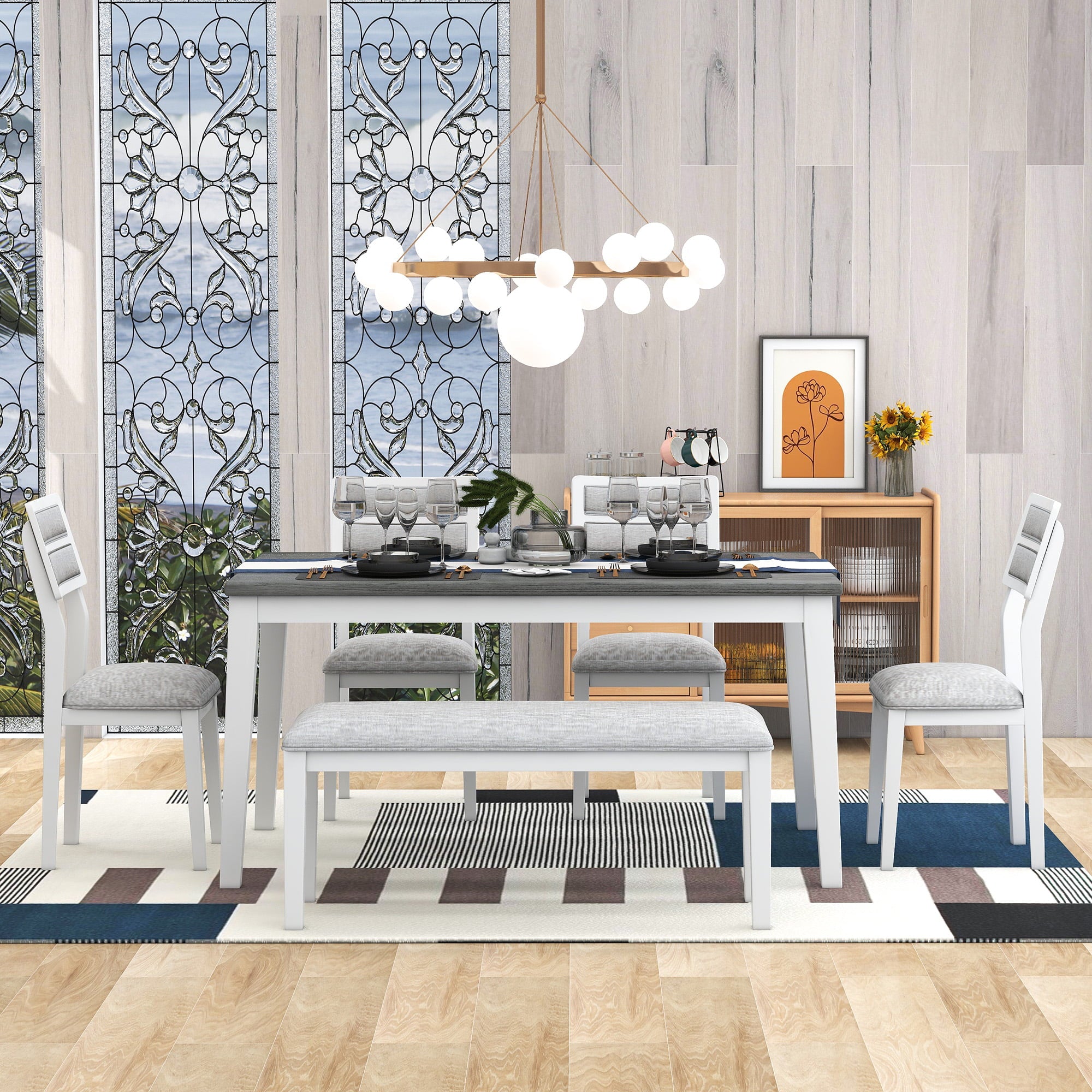 Dining Room Set for 6, WEPSEN 6 Piece Dining Room Set, Farmhouse Dining Table Set with Bench and 4 Upholstered Chairs, Wooden Dining Room Set, Dining Set Furniture for Kitchen Dining Room, White