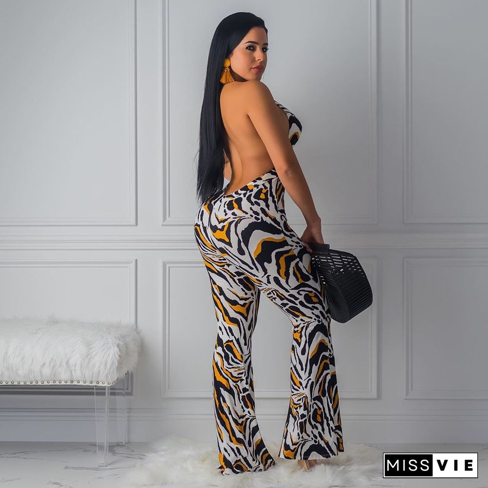 Sexy Hollow Out Printing Wide-legs Long Jumpsuit