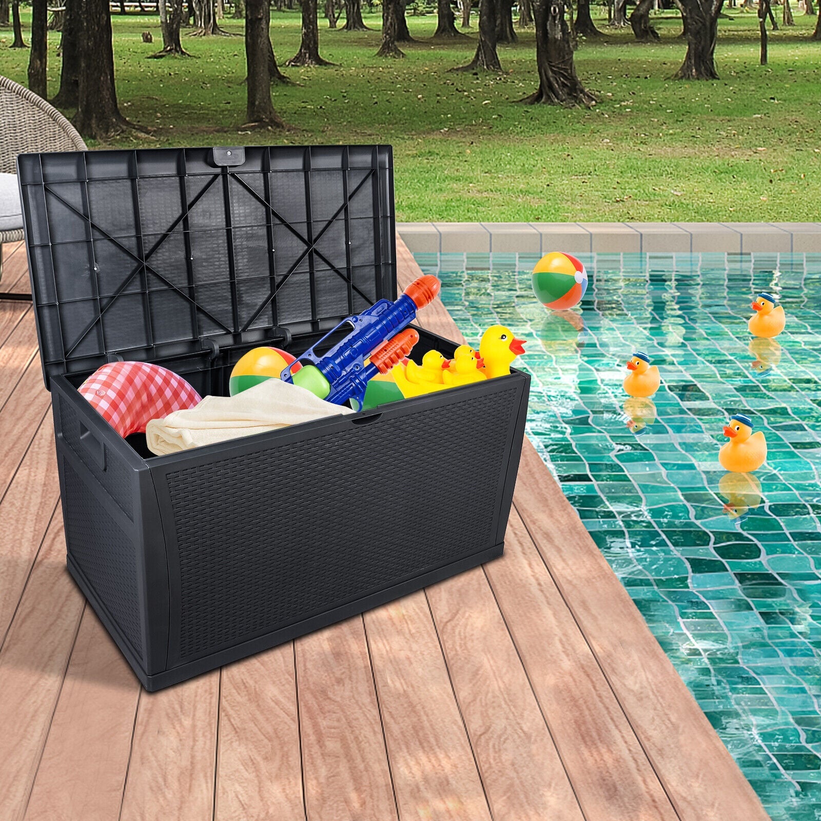 120 Gallon Resin Deck Box Indoor Outdoor Storage Box with Lockable Lid for Patio Cushions, Toys, Garden Tools Black