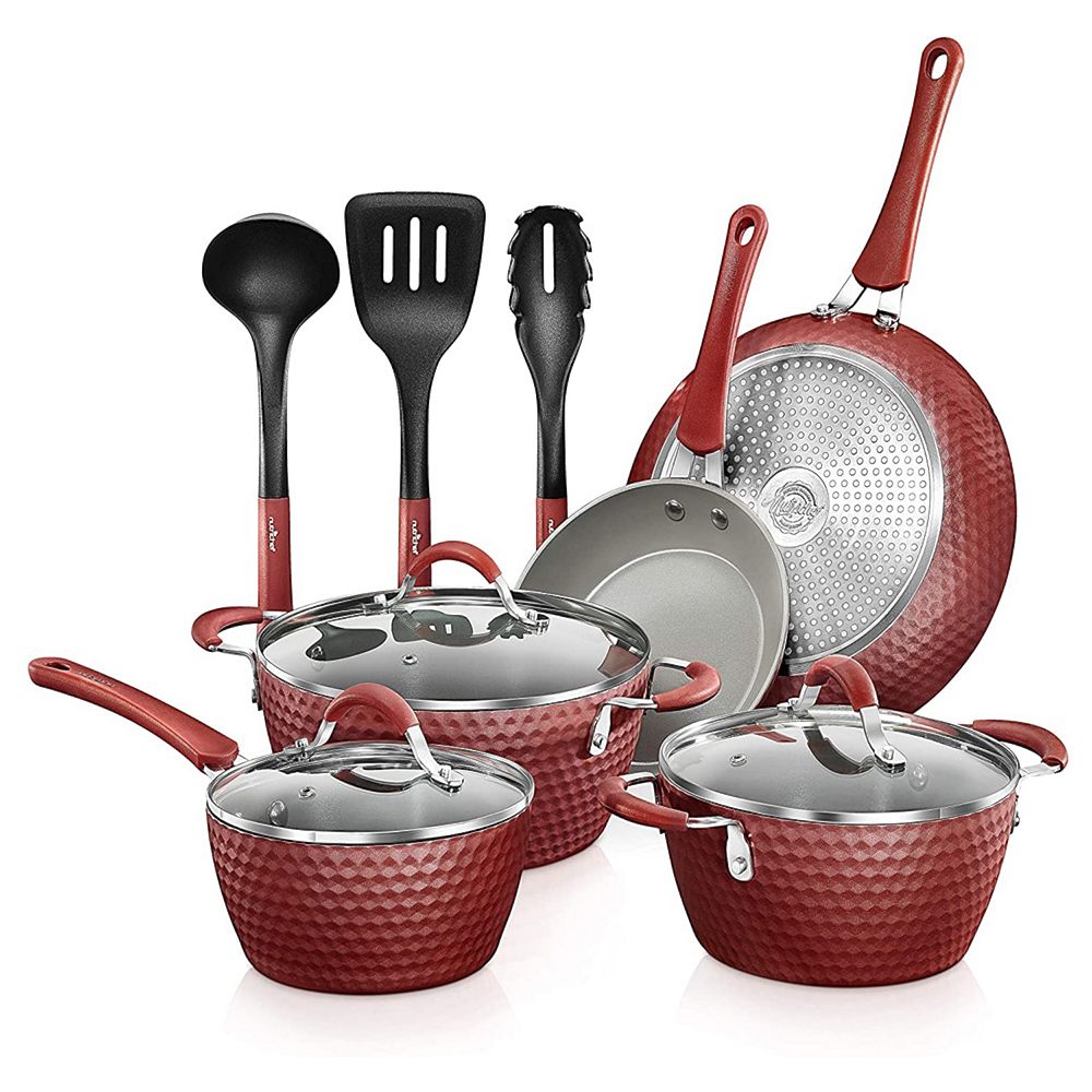 NutriChef 11 Piece Nonstick Ceramic Cooking Kitchen Cookware Pots and Pan Set， Red