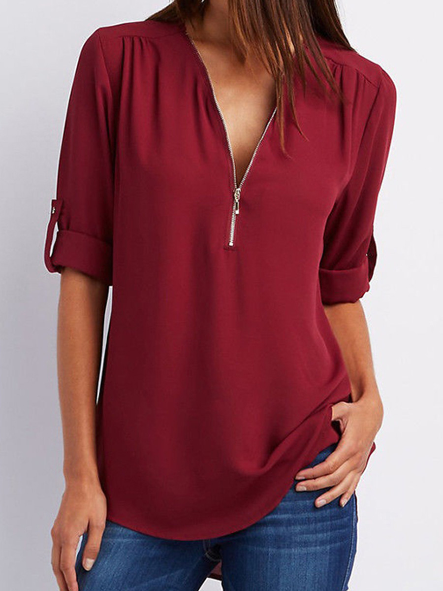 V Neck Zipper Patchwork Plain Blouses