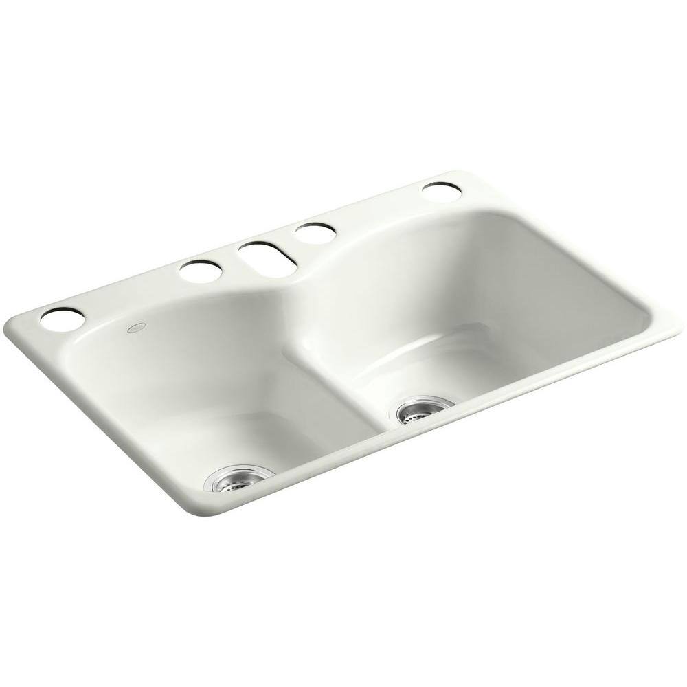 KOHLER Langlade Smart Divide Undermount Cast-Iron 33 in. 6-Hole Double Bowl Kitchen Sink in Dune K-6626-6U-NY