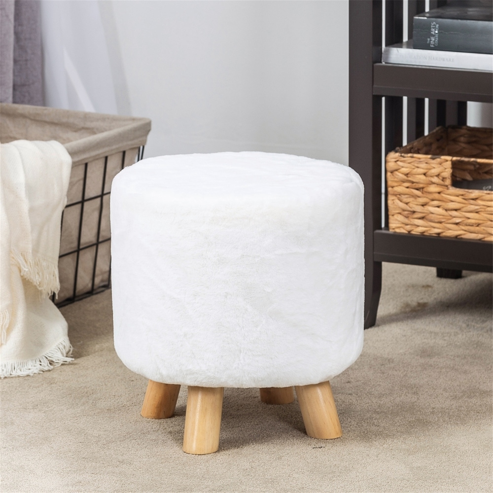 Adeco Round Ottoman Footrest Faux Fur Stool Upholstered Padded Pouf