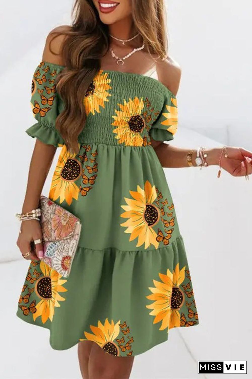 Verna Printed Off Shoulder Shirred Swing Dress