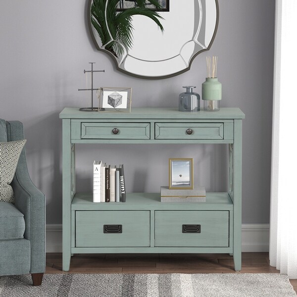 Wood Sofa Table with 4 Drawers and 1 Storage Shelf